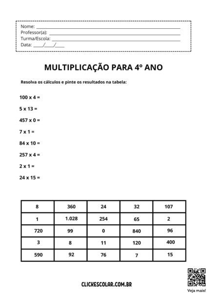 Atividades De Multiplicação Para 4º Ano 8666